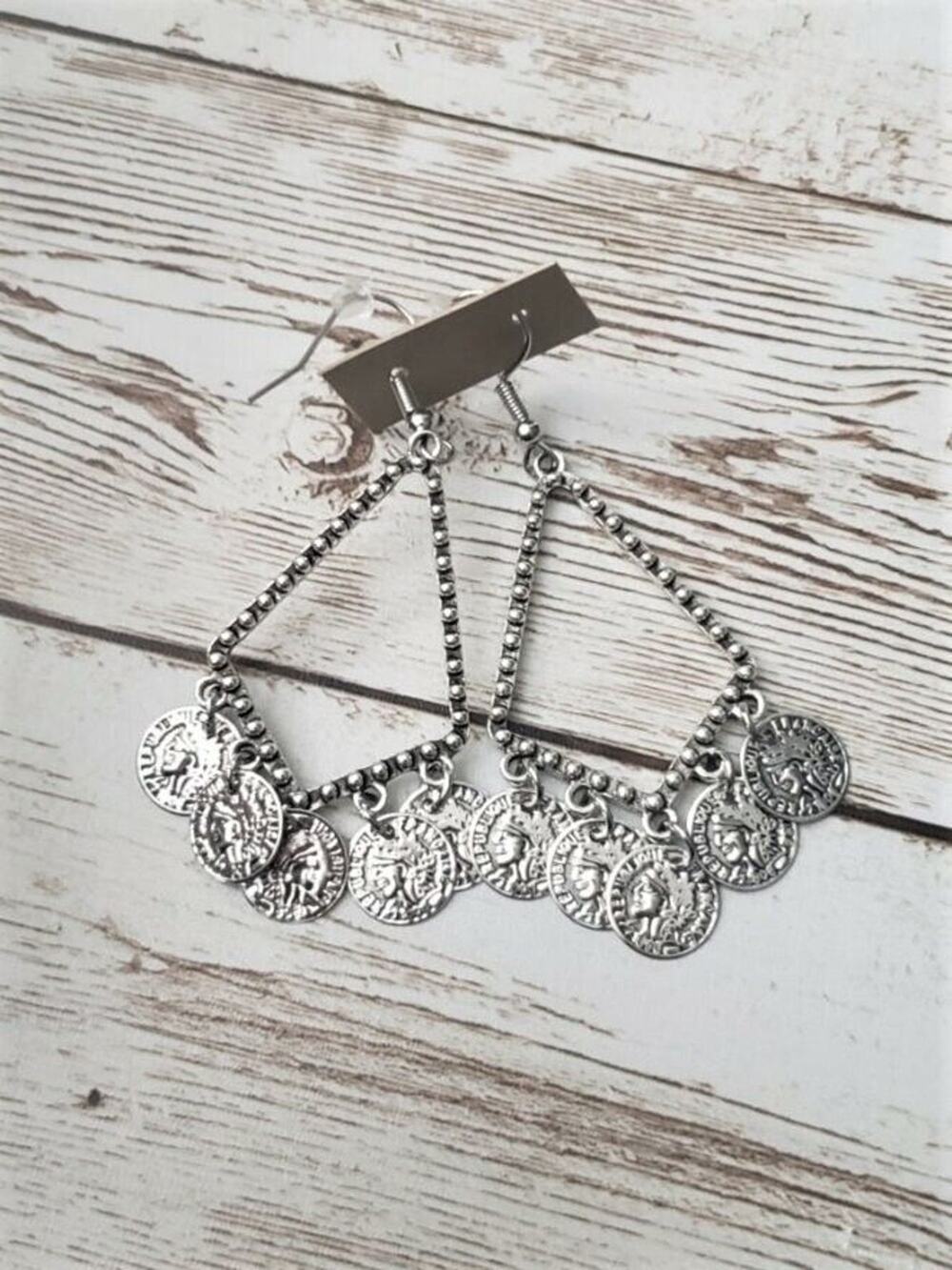 Silver Tone Coin Style Dangle Earrings - New